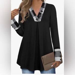 Long Sleeve Button V Neck Flowy Pleated Tunic Top
